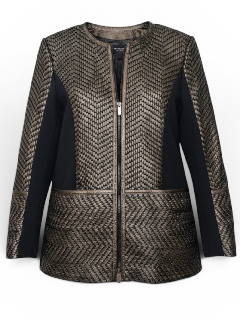 Carlisle Collection Metallic Woven Leather Jacket Bronze Black Zip Blazer 2 NWT